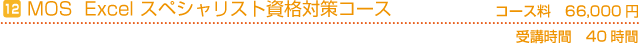 MOS Excel　スペシャリスト資格対策コース　コース料60,000円(税別)　受講時間の目安40時間